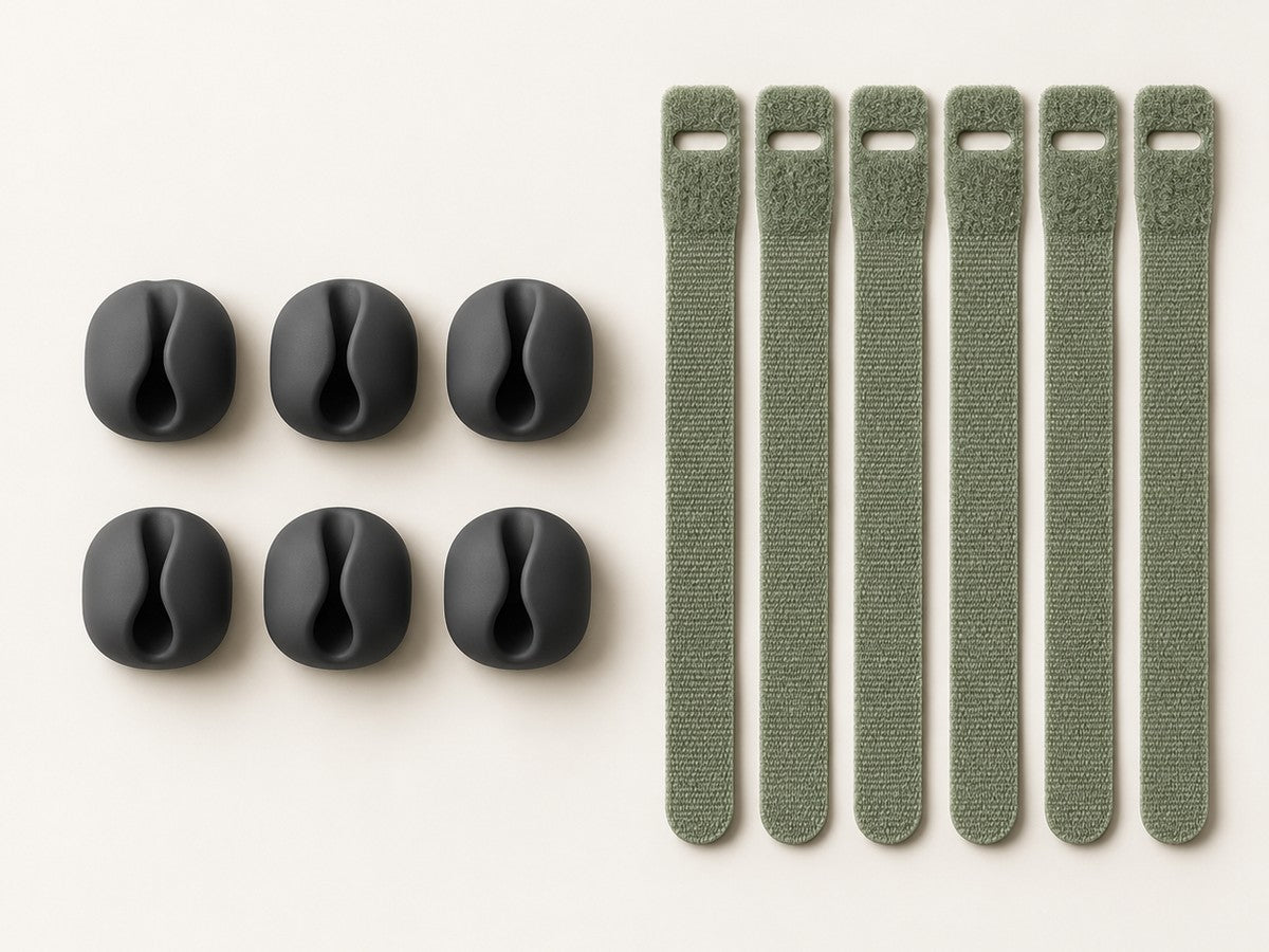 DESKFLOW Cable Clips & Ties Set concept: The complete concept set — six clips and six ties. AI concept visual; styling props not included.