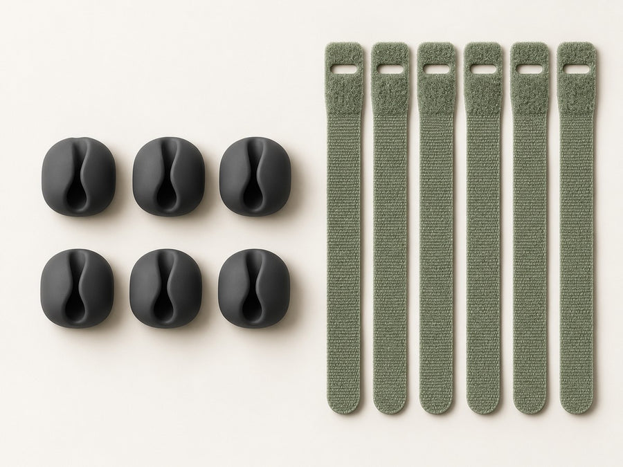 DESKFLOW Cable Clips & Ties Set concept: The complete concept set — six clips and six ties. AI concept visual; styling props not included.