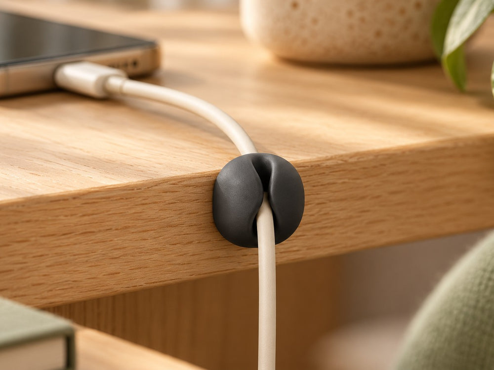 DESKFLOW Cable Clips & Ties Set concept: Single-channel detail — cable is a styling prop. AI concept visual; styling props not included.