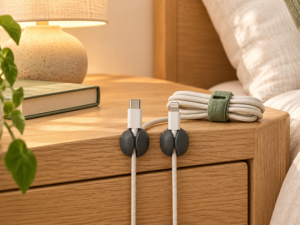 DESKFLOW Cable Clips & Ties Set concept: A considered bedside charging corner. AI concept visual; styling props not included.