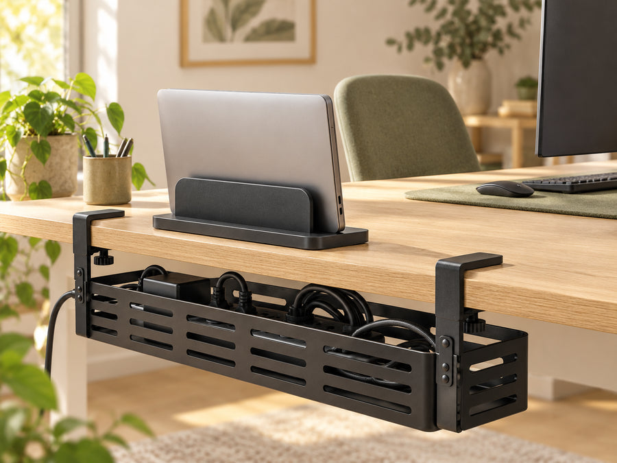 DESKFLOW Cable & Laptop Essentials concept: Rear home office installation and stand use. AI concept visual; styling props not included.