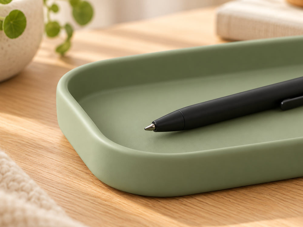 DESKFLOW Calm Desk Essentials concept: Tray rim and finish detail. AI concept visual; styling props not included.