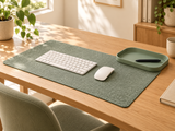 DESKFLOW Calm Desk Essentials concept: Home office pairing with keyboard styling props. AI concept visual; styling props not included.