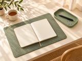 DESKFLOW Calm Desk Essentials concept: Reading and journaling pairing. AI concept visual; styling props not included.