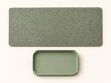 DESKFLOW Calm Desk Essentials concept: Two empty components; no measurements claimed. AI concept visual; styling props not included.