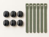 DESKFLOW Cable Clips & Ties Set concept: The complete concept set — six clips and six ties. AI concept visual; styling props not included.