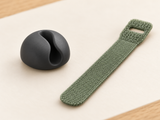 DESKFLOW Cable Clips & Ties Set concept: Side view — clip and tie concepts. AI concept visual; styling props not included.