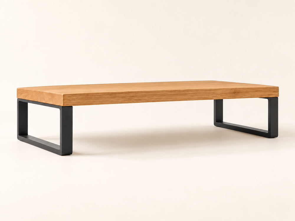 DESKFLOW Oak Desk Essentials concept: Riser side profile and leg detail. AI concept visual; styling props not included.