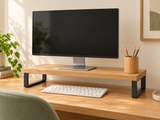 DESKFLOW Oak Desk Essentials concept: Home office pairing with styling monitor and pencils. AI concept visual; styling props not included.