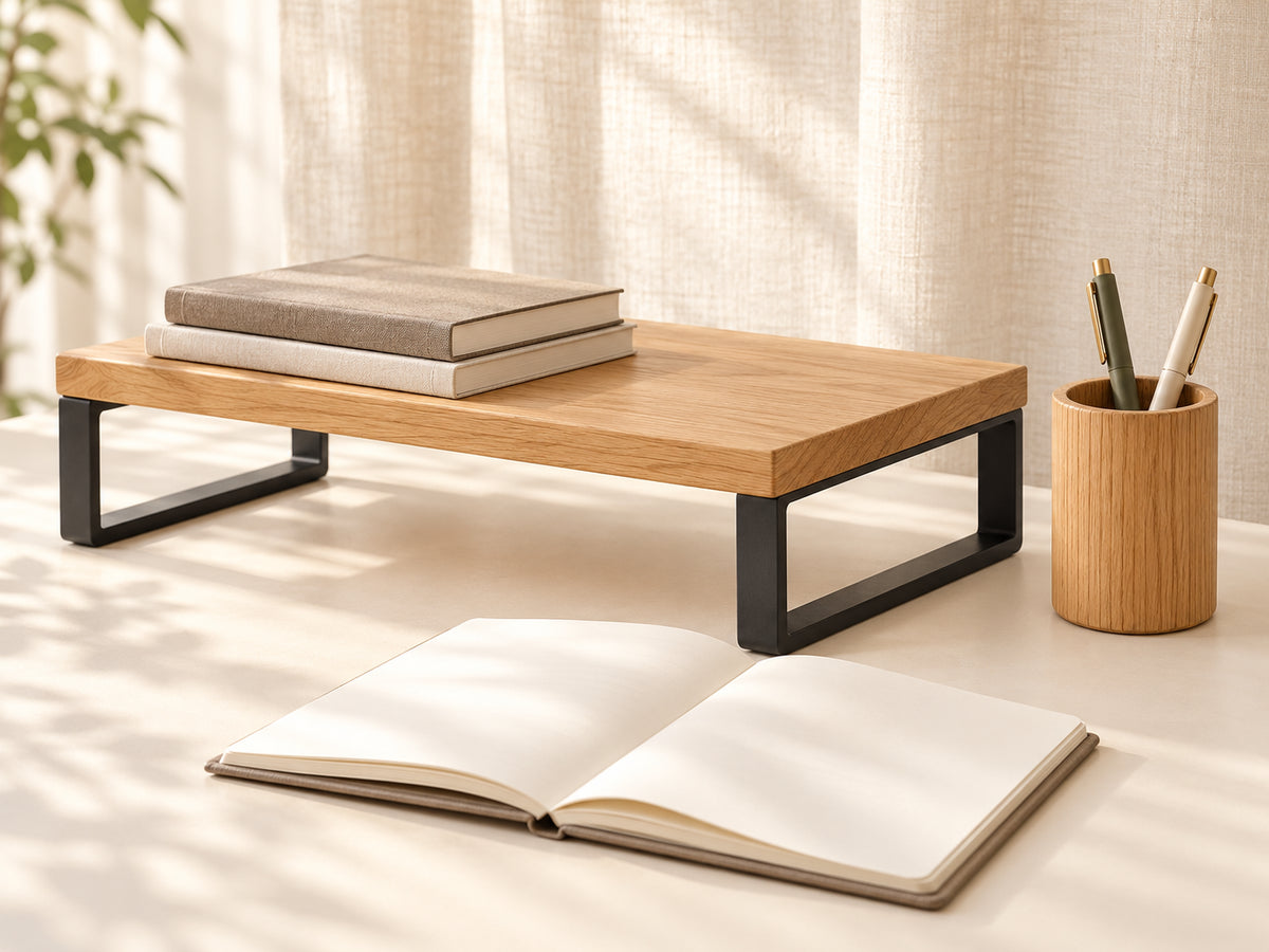 DESKFLOW Oak Desk Essentials concept: Study shelf pairing with books and notebook props. AI concept visual; styling props not included.