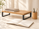 DESKFLOW Oak Desk Essentials concept: Study shelf pairing with books and notebook props. AI concept visual; styling props not included.