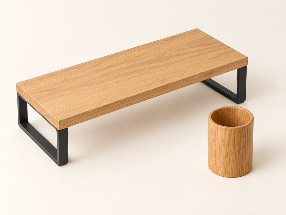 DESKFLOW Oak Desk Essentials concept: Empty components; no measurements claimed. AI concept visual; styling props not included.